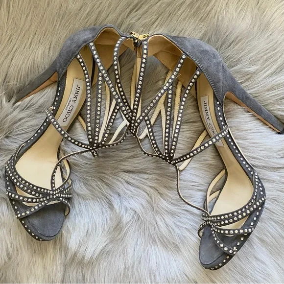 Jimmy Choo Gray Leather Vendetta Crystal Embellished Strappy Heel Sandals - Picture 3 of 11